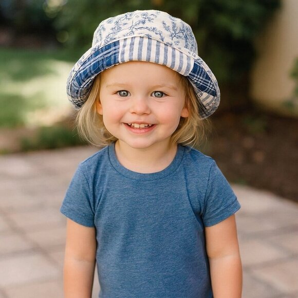 Ralph Lauren Polo Kids Patchwork Bucket Hat Blue White Sun Hat Toddler Boy-Girl - Picture 6 of 11